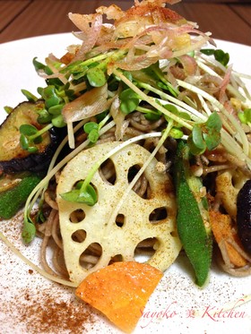 蓮根と京野菜の金山寺味噌バター焼き蕎麦