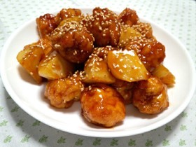 ふわふわ団子とじゃがいもの照り焼きダレ