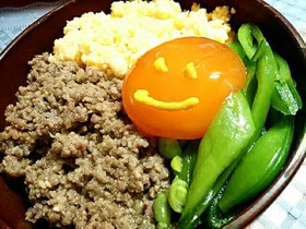 肉味噌そぼろの三色丼