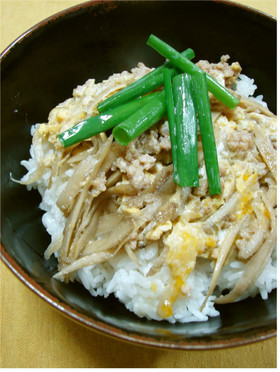 麺つゆで簡単！鶏ひき肉とゴボウ丼✿