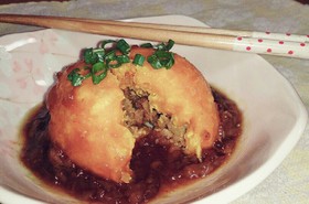 かぼちゃ饅頭の梅あんかけ風。